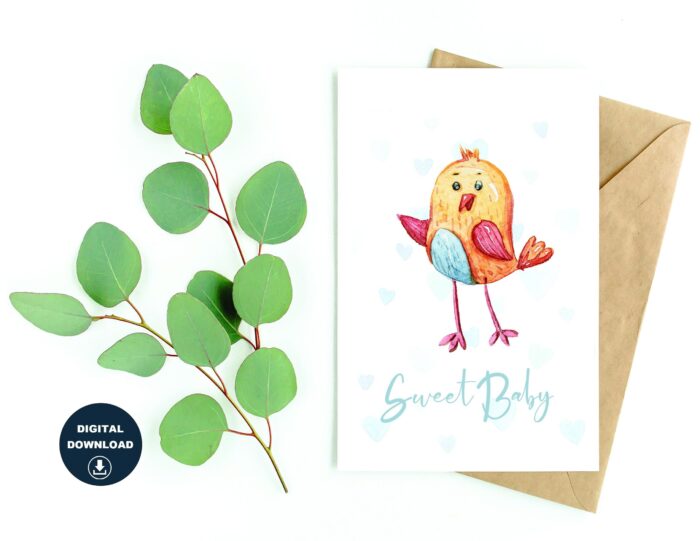 Sweet Baby, Baby Bird,  Baby Shower Greetings, Instant Download, Printable Blank Card, Print On a Regular Size Paper, Various Sizes, DIY