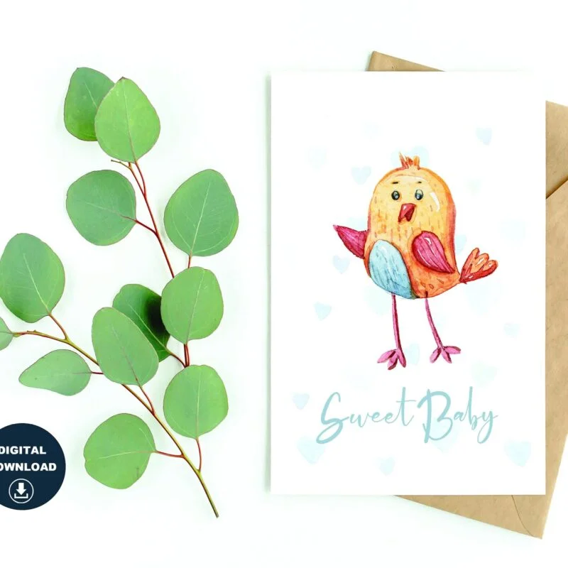 Sweet Baby, Baby Bird,  Baby Shower Greetings, Instant Download, Printable Blank Card, Print On a Regular Size Paper, Various Sizes, DIY