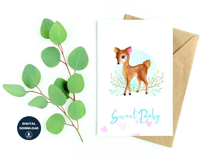 Baby Deer Baby Shower Card, Baby Shower Greetings, Instant Download, Printable Blank Card, Print On a Regular Size Paper, Various Sizes, DIY