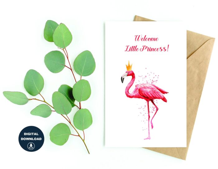 Pink Flamingo Baby Shower Card, Baby Girl Printable Card, Baby Shower Greetings, Instant Download, Blank Card, Print On a Regular Size Paper