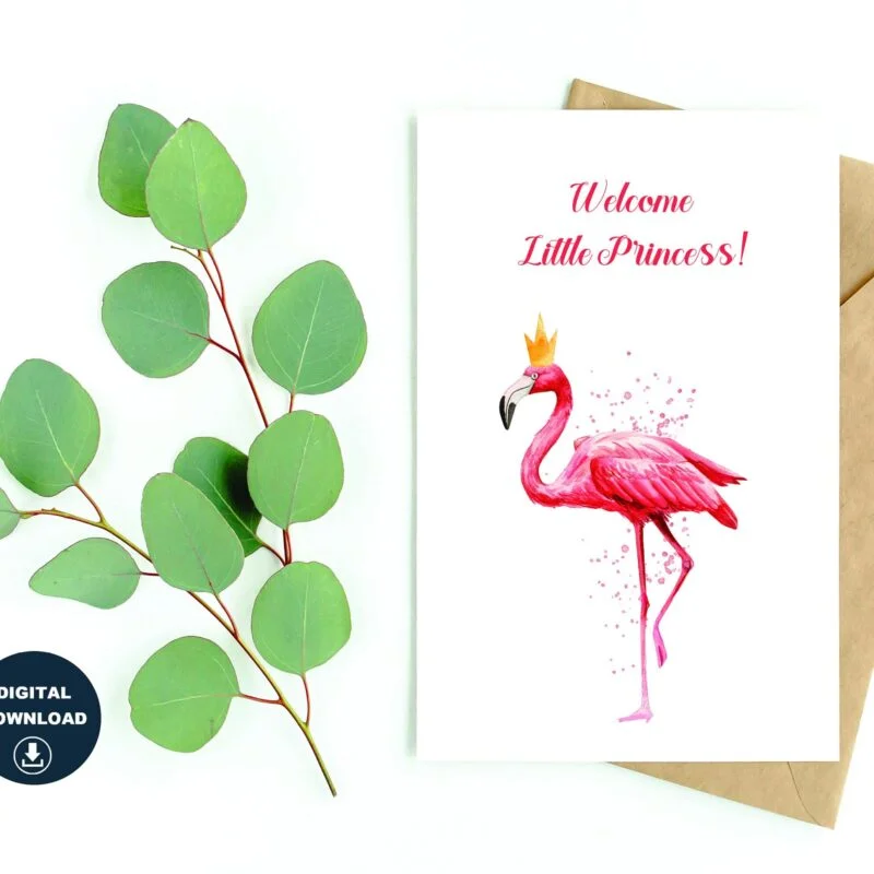 Pink Flamingo Baby Shower Card, Baby Girl Printable Card, Baby Shower Greetings, Instant Download, Blank Card, Print On a Regular Size Paper