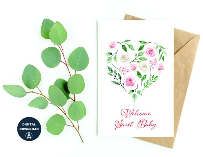 Welcome Sweet Baby, Printable Baby Shower Greeting Card, Instant Download, DIY Card, Print On a Regular Size Paper or A4 Paper