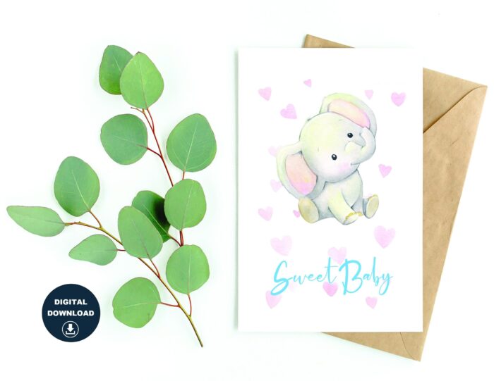 Sweet Baby, Baby Elephant, Baby Shower Greetings, Instant Download, Printable Blank Card, Print On a Regular Size Paper, Various Sizes, DIY