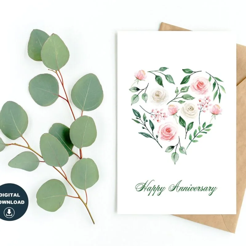 Anniversary Card, Printable Greeting Card, Instant Download, Happy Anniversary Card, Blank Inside, Various Card Sizes Print on Regular Paper