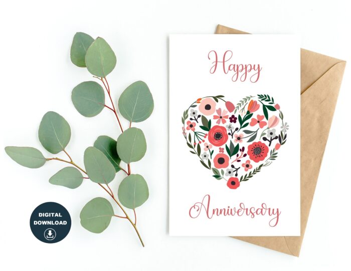 Anniversary Printable Card Instant Download Happy Anniversary Blank Inside Print On Regular 8.5" x 11" Paper Print At Home Greeting Card