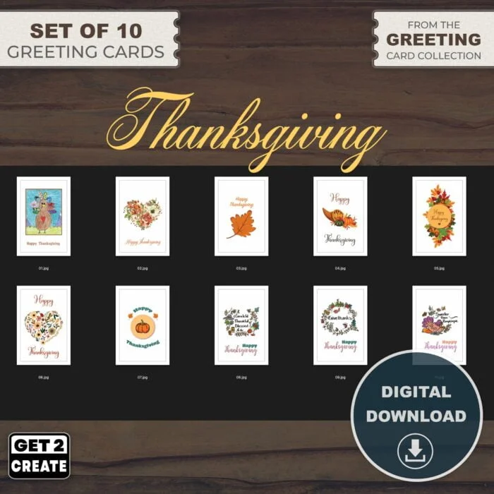 Set of 10 Thanksgiving Cards, Printable Cards, Instant Download, Blank Inside,  Last Minute - Print at Home Cards, Different Sizes Available - Image 2