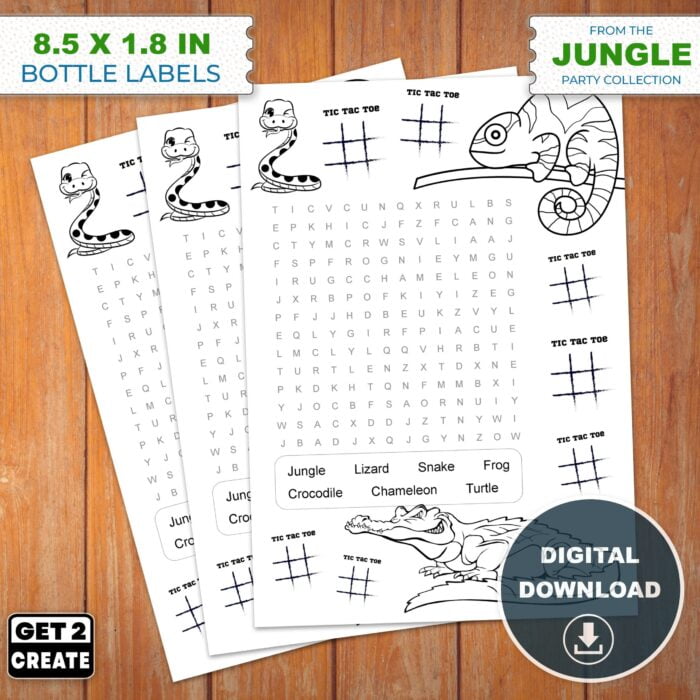 Printable Activity Page DIY Kids Birthday Jungle Theme Fun Activity with Tic-tac-toe and Word Search Coloring Page for Kids Instant Download - Image 2