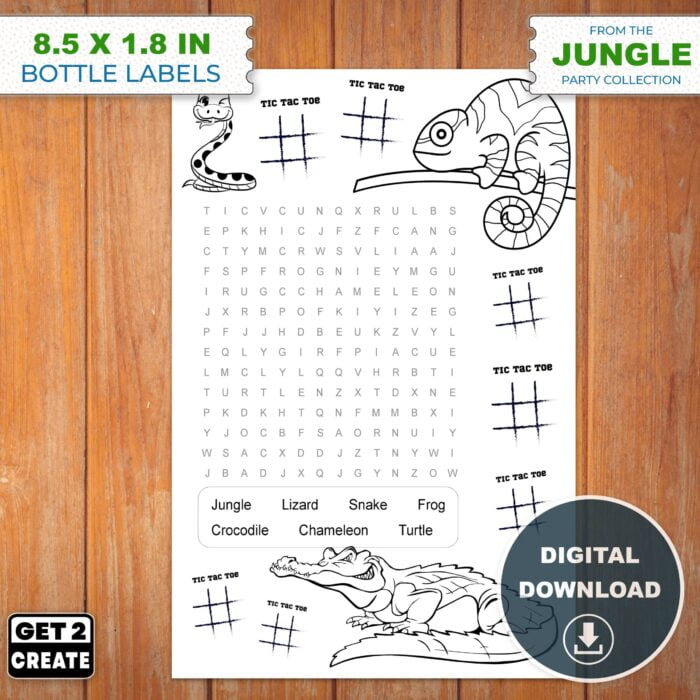 Printable Activity Page DIY Kids Birthday Jungle Theme Fun Activity with Tic-tac-toe and Word Search Coloring Page for Kids Instant Download