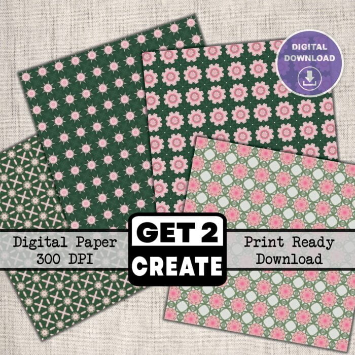 Green & Pink Abstract Tiles Printable Digital Paper 12x12 inch Scrapbook Pages Set of 12 Instant Download DIY Print At Home Commercial Use - Image 3