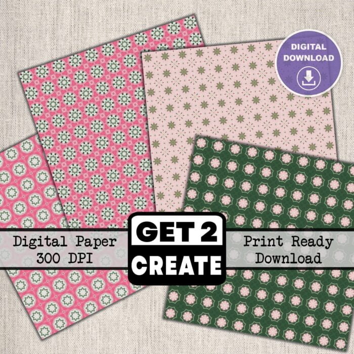 Green & Pink Abstract Tiles Printable Digital Paper 12x12 inch Scrapbook Pages Set of 12 Instant Download DIY Print At Home Commercial Use - Image 2