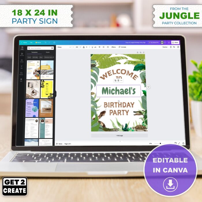 EDITABLE Party Sign Jungle Theme Birthday Party Template Edit CANVA Jungle Themed Kids Party Printable Personalize Name Welcome Party Sign - Image 3