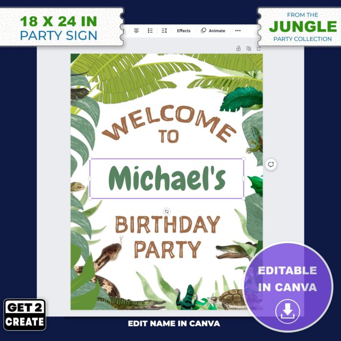 EDITABLE Party Sign Jungle Theme Birthday Party Template Edit CANVA Jungle Themed Kids Party Printable Personalize Name Welcome Party Sign - Image 7