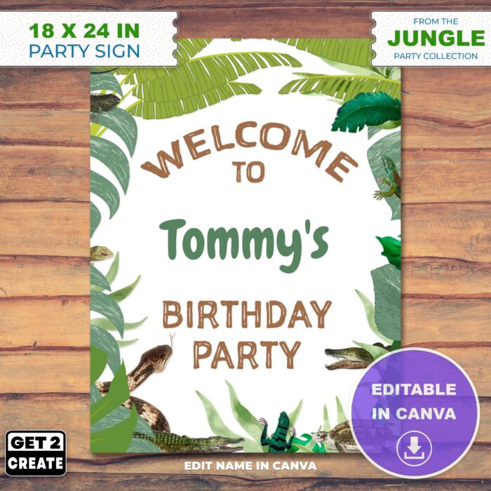 EDITABLE Party Sign Jungle Theme Birthday Party Template Edit CANVA Jungle Themed Kids Party Printable Personalize Name Welcome Party Sign