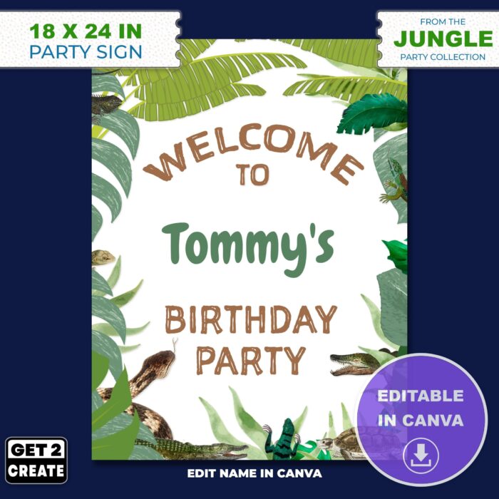 EDITABLE Party Sign Jungle Theme Birthday Party Template Edit CANVA Jungle Themed Kids Party Printable Personalize Name Welcome Party Sign - Image 6