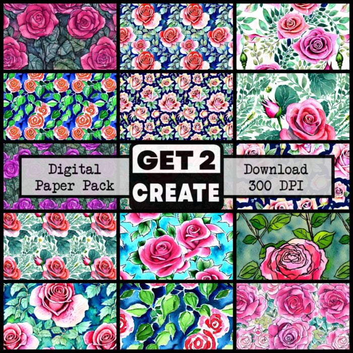 Roses in Bloom Printable Digital Paper 12x12 inch Scrapbook Background Pages Pack of 12 Instant Download DIY Print At Home Commercial Use