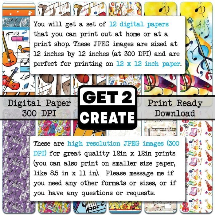 Abstract Music Patterns Printable Digital Paper Pack 12x12 inch Scrapbook Pages Set of 12 Instant Download DIY Print At Home Commercial Use - Image 2