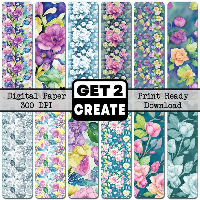 Watercolor Wild Flowers Printable Digital Paper Pack 12x12 inch Scrapbook Pages Set of 12 Instant Download DIY Print-At-Home Commercial Use