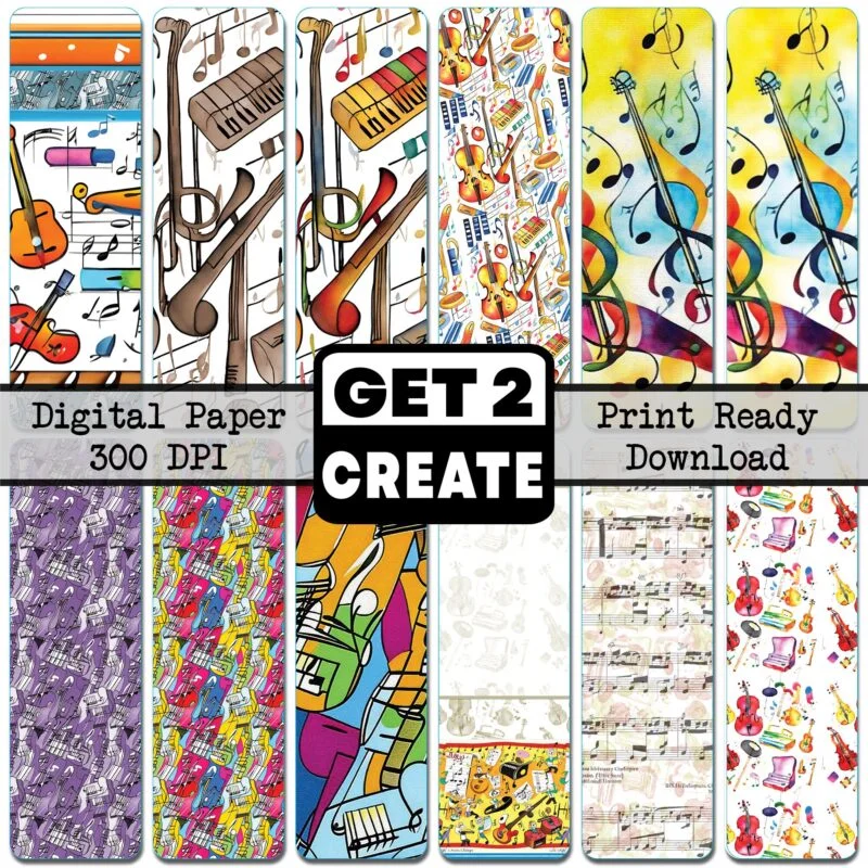 Abstract Music Patterns Printable Digital Paper Pack 12x12 inch Scrapbook Pages Set of 12 Instant Download DIY Print At Home Commercial Use