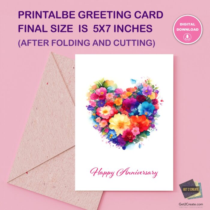 Anniversary Printable Card, Instant Download, Happy Anniversary, Blank Inside, 5"x7" Card, Print On Regular 8.5" x 11" Paper, Celebrate Love - Image 2